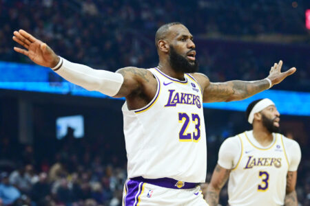 Nov 25, 2023; Cleveland, Ohio, USA; Los Angeles Lakers forward LeBron James (23) reacts during the first half against the Cleveland Cavaliers at Rocket Mortgage FieldHouse.