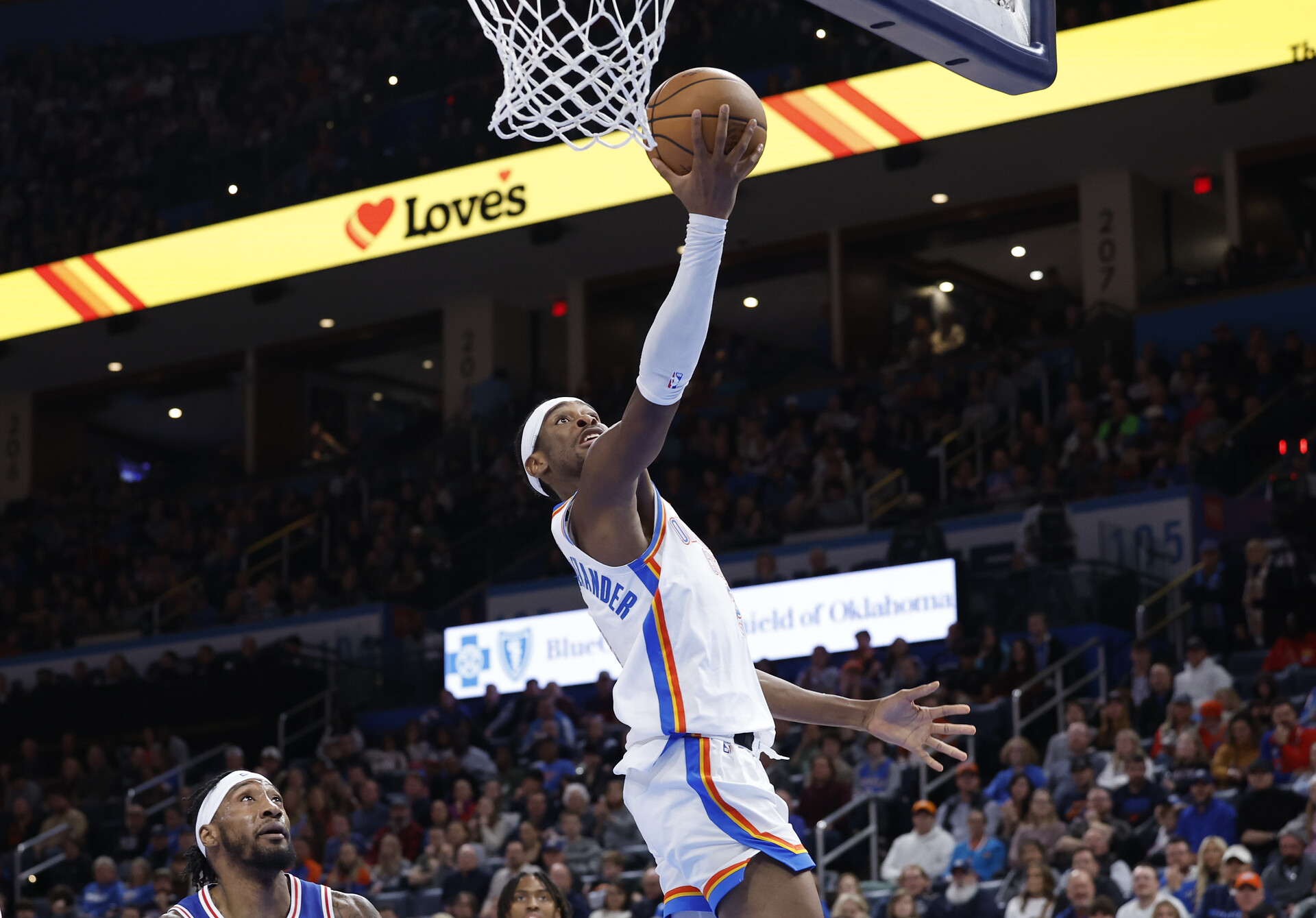 Nov 25, 2023; Oklahoma City, Oklahoma, USA; Oklahoma City Thunder guard Shai Gilgeous-Alexander (2) shoots against the Philadelphia 76ers during the second half at Paycom Center.