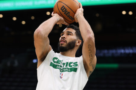 Nov 26, 2023; Boston, Massachusetts, USA; Boston Celtics forward Jayson Tatum (0) shoots before the game between the Boston Celtics and the Atlanta Hawks at TD Garden.