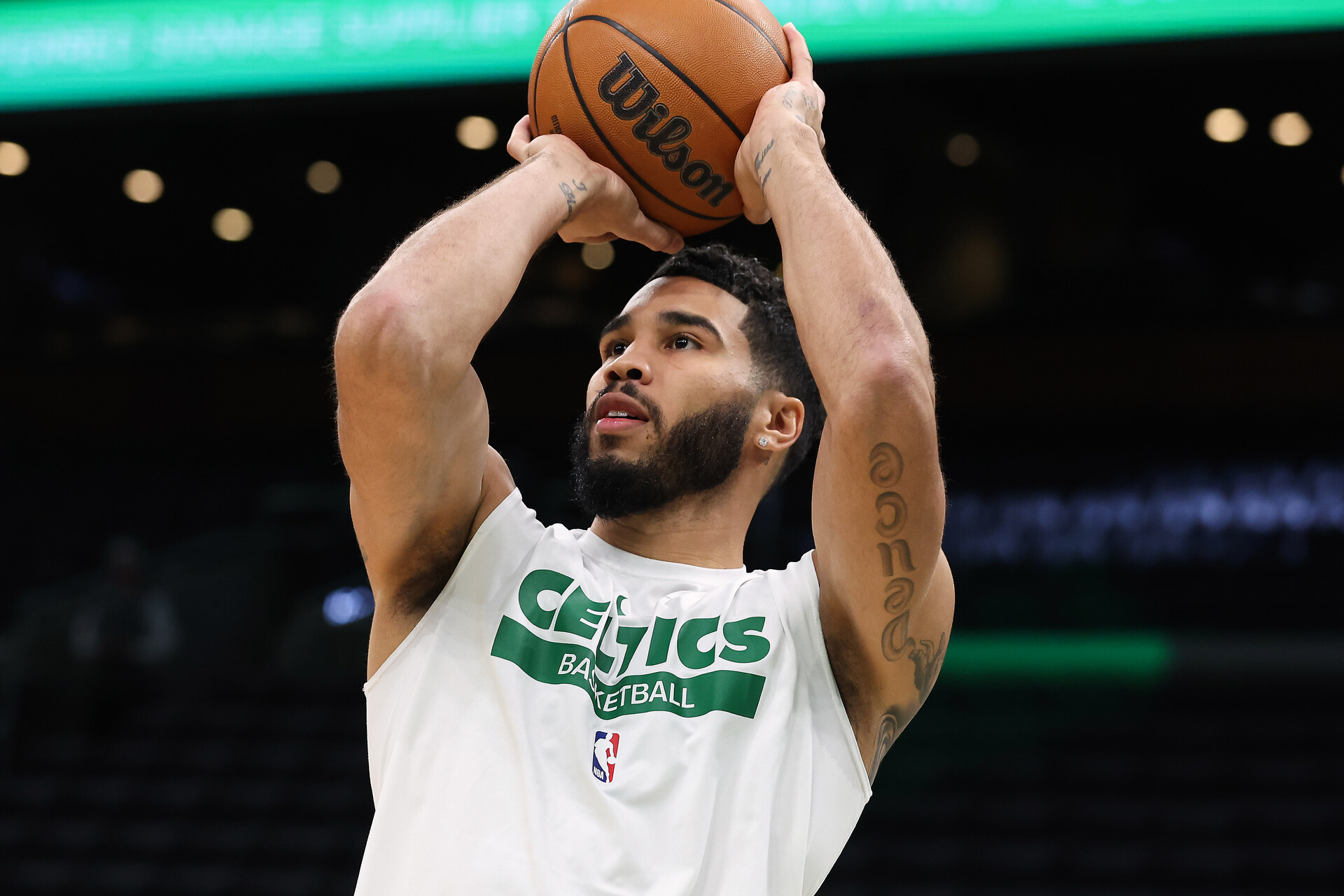 Nov 26, 2023; Boston, Massachusetts, USA; Boston Celtics forward Jayson Tatum (0) shoots before the game between the Boston Celtics and the Atlanta Hawks at TD Garden.