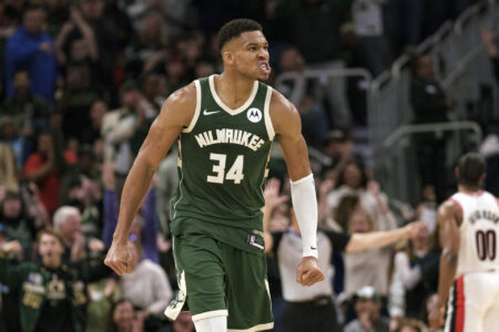 Nov 26, 2023; Milwaukee, Wisconsin, USA; Milwaukee Bucks forward Giannis Antetokounmpo (34) reacts after scoring a basket during the fourth quarter against the Portland Trail Blazers at Fiserv Forum.