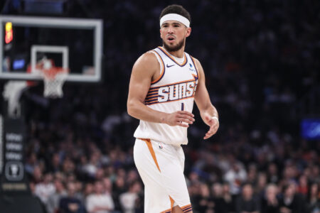 Nov 26, 2023; New York, New York, USA; Phoenix Suns guard Devin Booker (1) argues over a call in the first quarter against the New York Knicks at Madison Square Garden