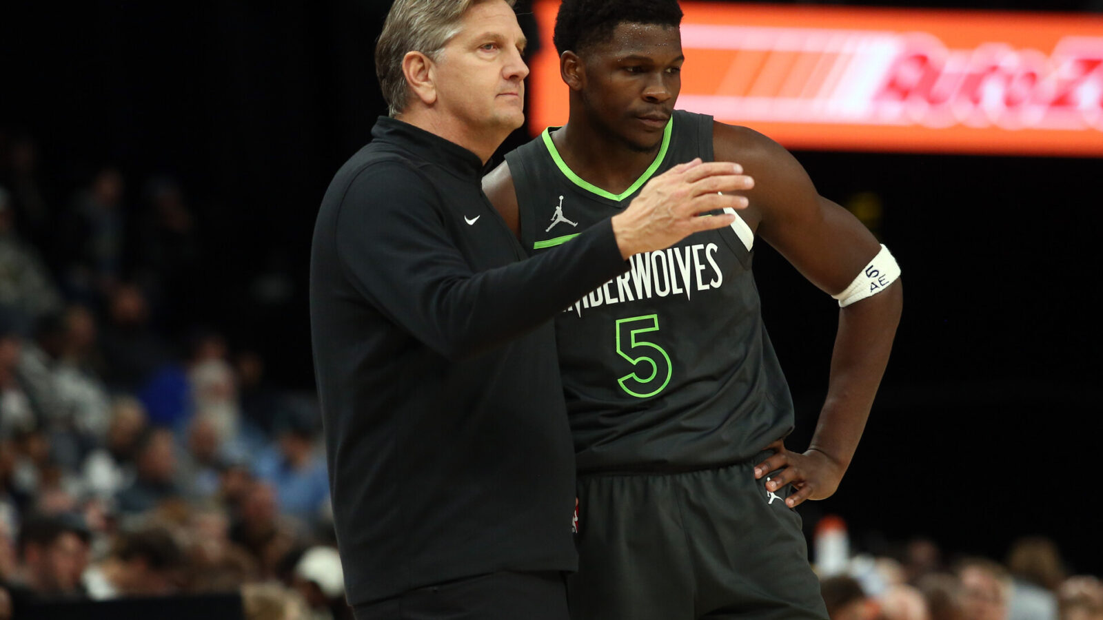Nov 26, 2023; Memphis, Tennessee, USA; Minnesota Timberwolves head coach Chris Finch talks with Minnesota Timberwolves guard Anthony Edwards (5) during the first half against the Memphis Grizzlies at FedExForum