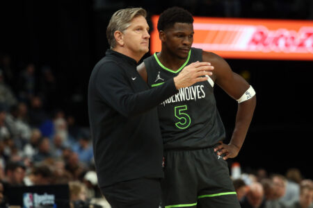 Nov 26, 2023; Memphis, Tennessee, USA; Minnesota Timberwolves head coach Chris Finch talks with Minnesota Timberwolves guard Anthony Edwards (5) during the first half against the Memphis Grizzlies at FedExForum