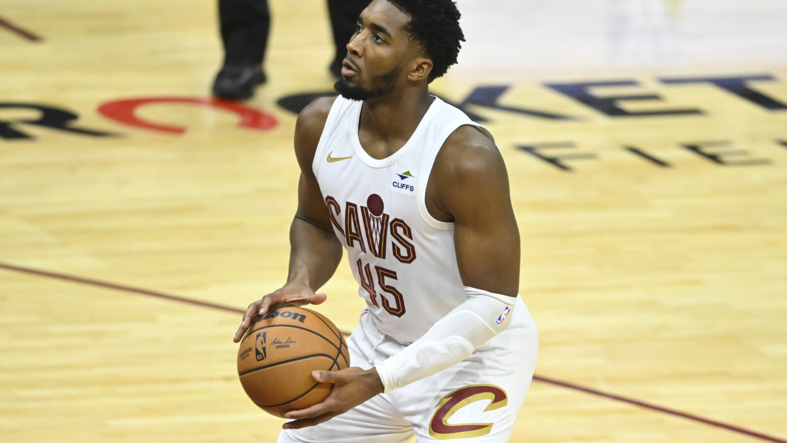 Nov 26, 2023; Cleveland, Ohio, USA; Cleveland Cavaliers guard Donovan Mitchell (45) stands at the free throw line in the fourth quarter against the Toronto Raptors at Rocket Mortgage FieldHouse.