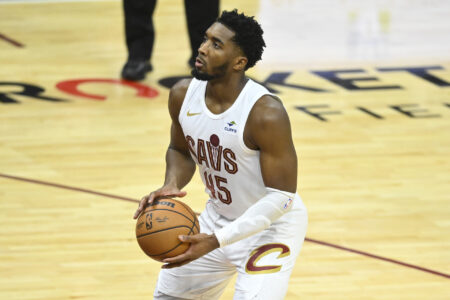 Nov 26, 2023; Cleveland, Ohio, USA; Cleveland Cavaliers guard Donovan Mitchell (45) stands at the free throw line in the fourth quarter against the Toronto Raptors at Rocket Mortgage FieldHouse.