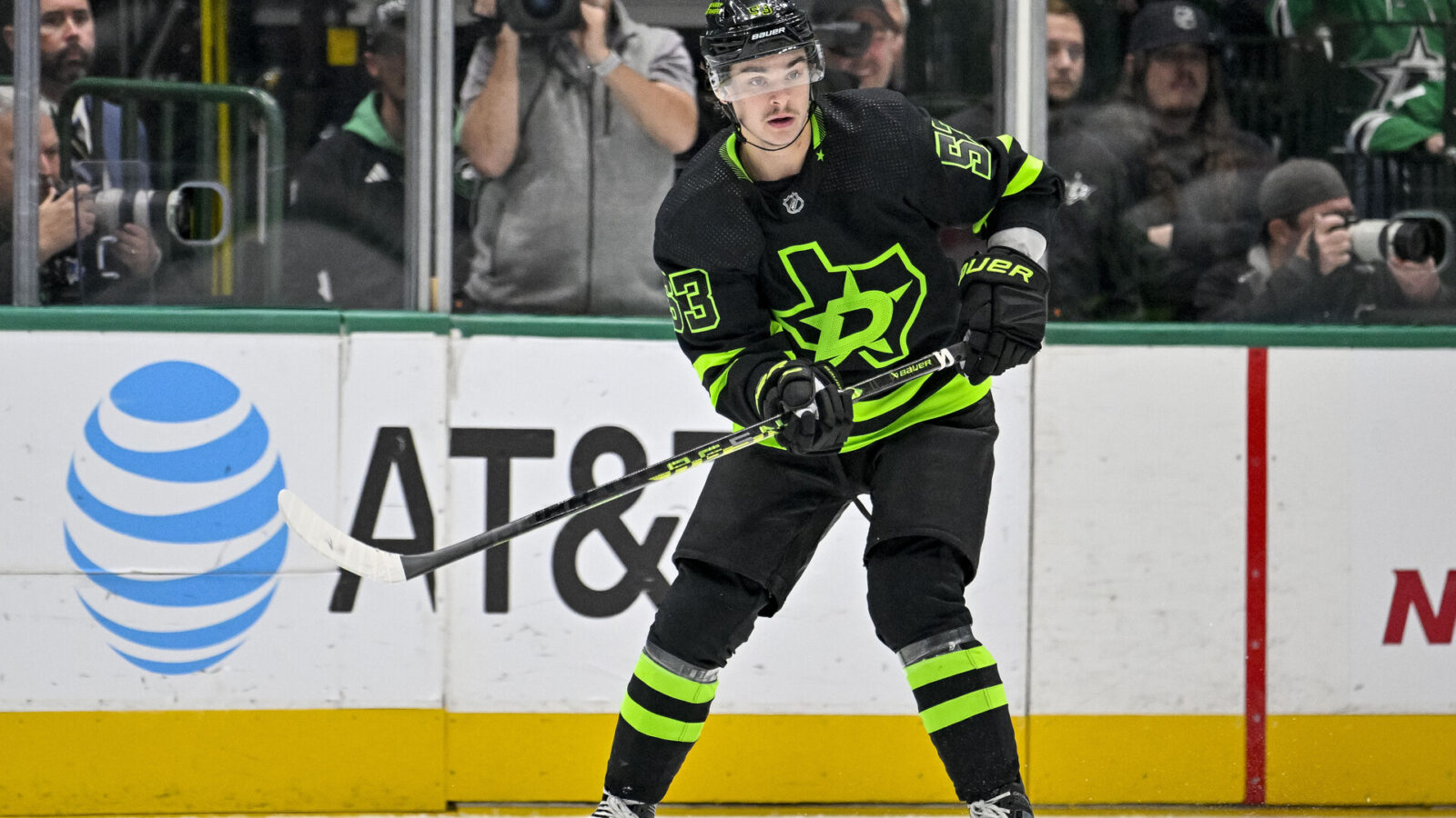 Nov 22, 2023; Dallas, Texas, USA; Dallas Stars center Wyatt Johnston (53) in action during the game between the Dallas Stars and the Vegas Golden Knights at the American Airlines Center.