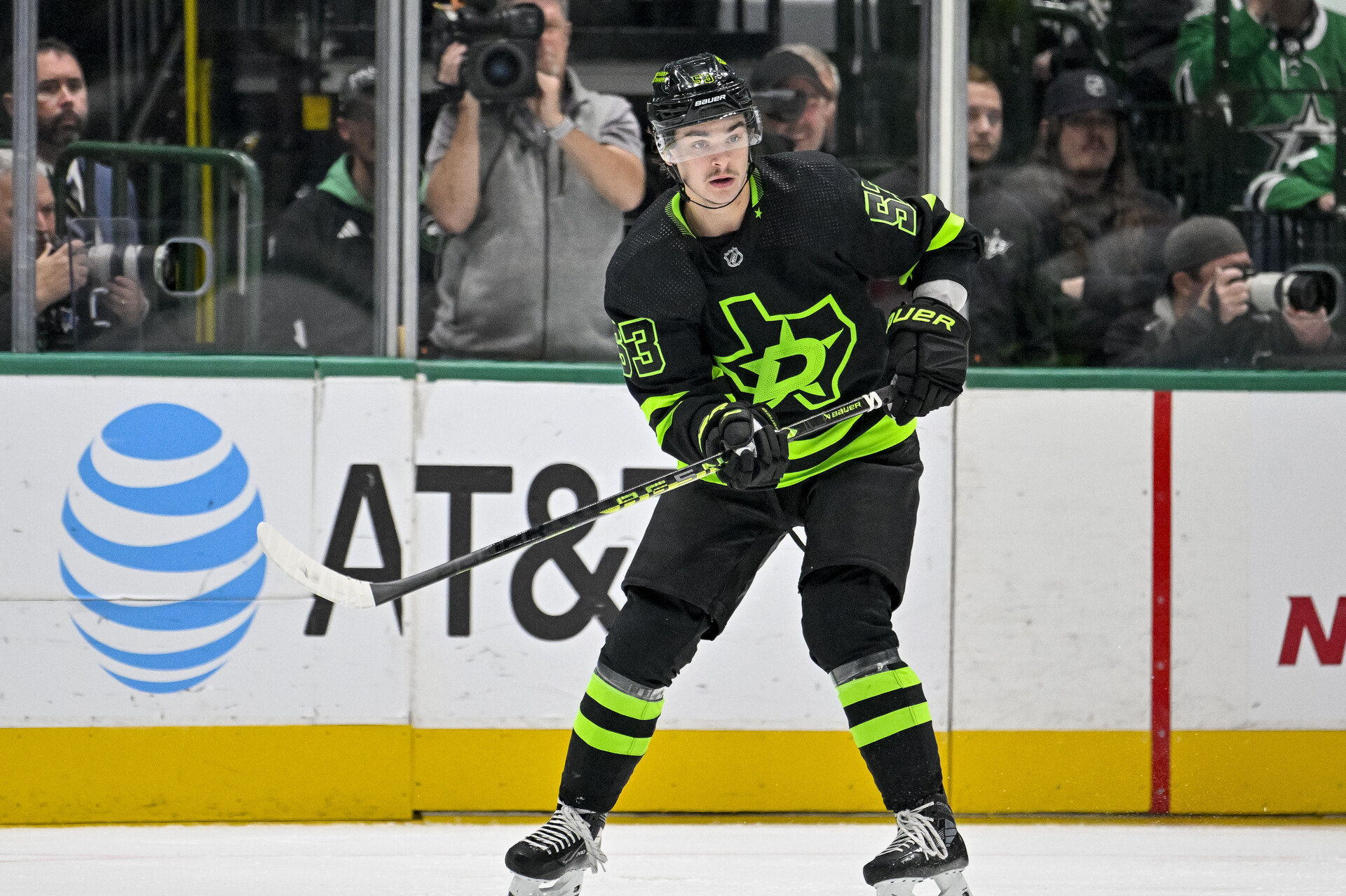 Nov 22, 2023; Dallas, Texas, USA; Dallas Stars center Wyatt Johnston (53) in action during the game between the Dallas Stars and the Vegas Golden Knights at the American Airlines Center.