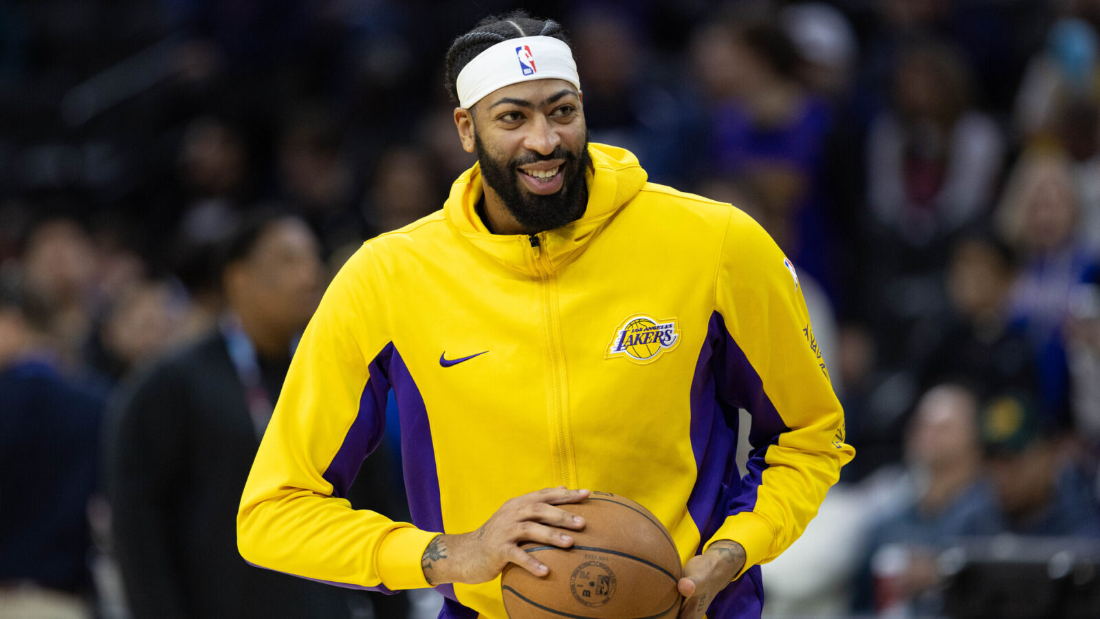 Nov 27, 2023; Philadelphia, Pennsylvania, USA; Los Angeles Lakers forward Anthony Davis before action against the Philadelphia 76ers at Wells Fargo Center.