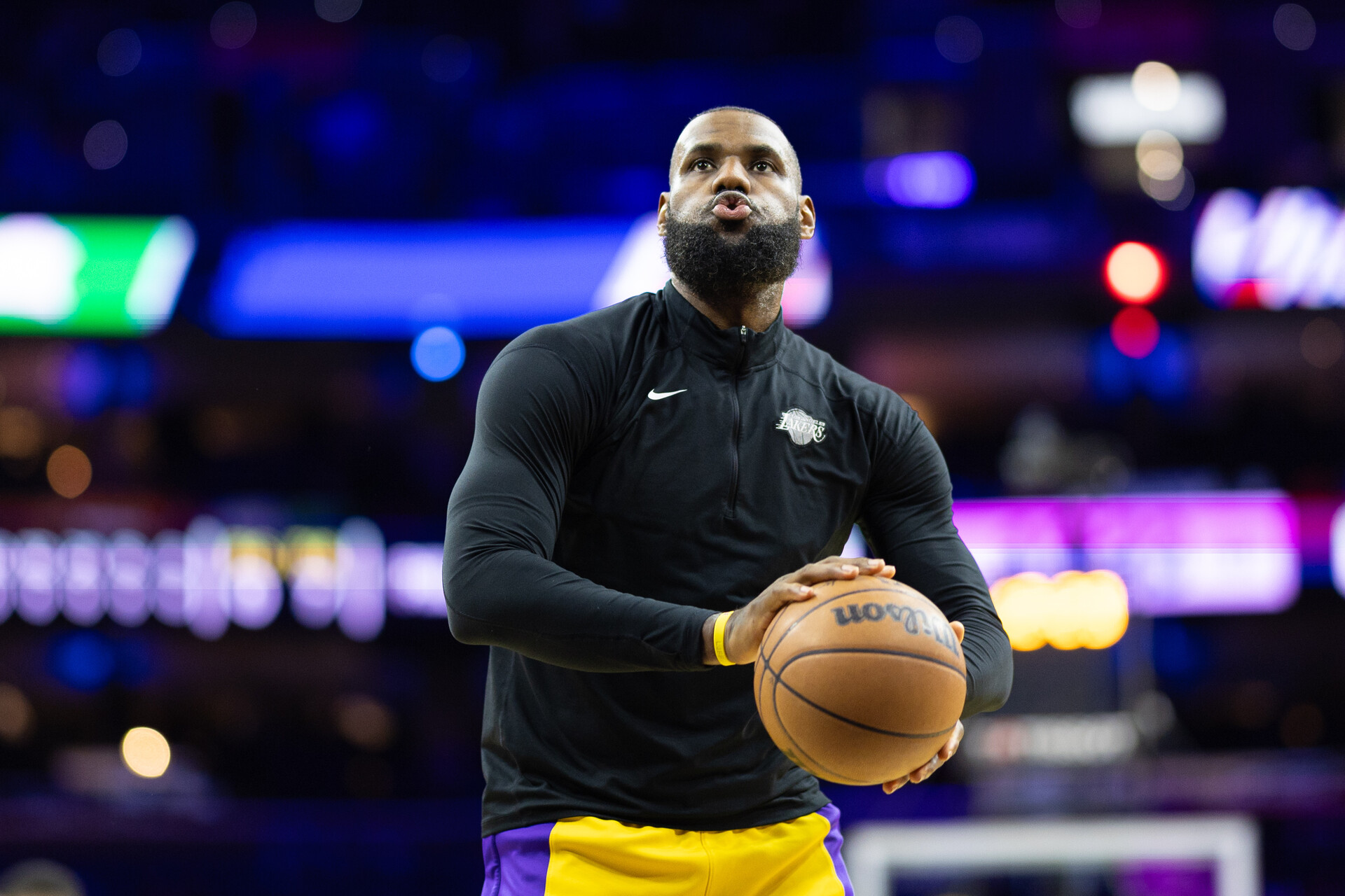 Nov 27, 2023; Philadelphia, Pennsylvania, USA; Los Angeles Lakers forward LeBron James before action against the Philadelphia 76ers at Wells Fargo Center.