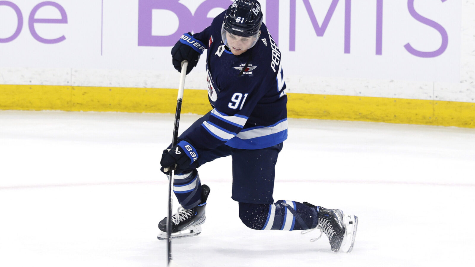 Nov 28, 2023; Winnipeg, Manitoba, CAN; Winnipeg Jets center Cole Perfetti (91) warms up before a game against the Dallas Stars at Canada Life Centre.
