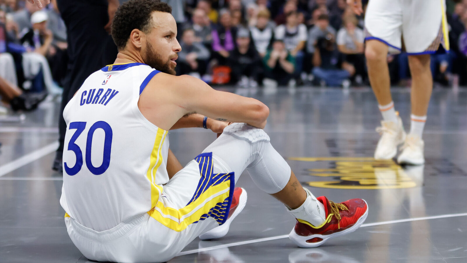 Nov 28, 2023; Sacramento, California, USA; Golden State Warriors guard Stephen Curry (30) reacts after a call during the fourth quarter against the Sacramento Kings at Golden 1 Center.
