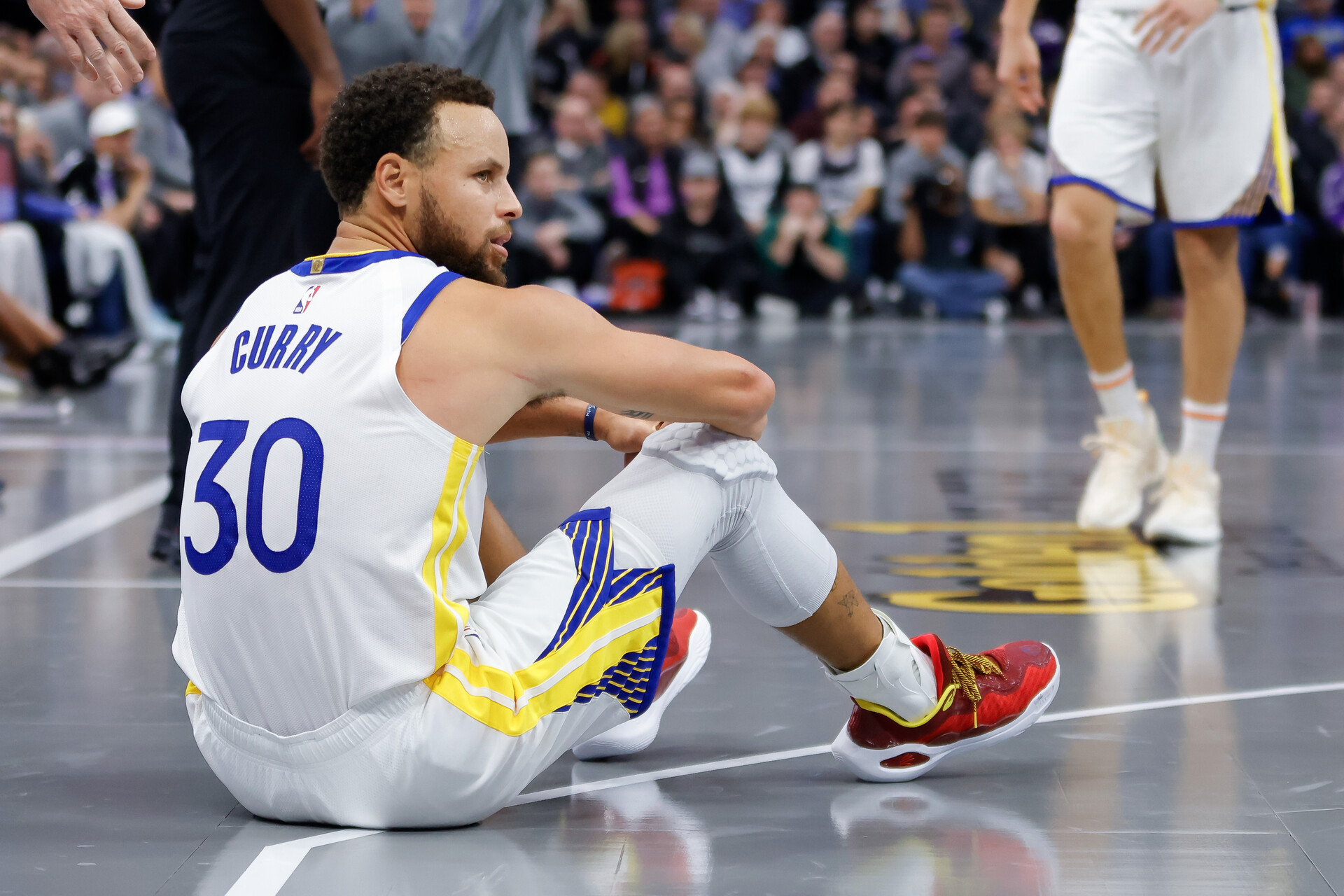Nov 28, 2023; Sacramento, California, USA; Golden State Warriors guard Stephen Curry (30) reacts after a call during the fourth quarter against the Sacramento Kings at Golden 1 Center.