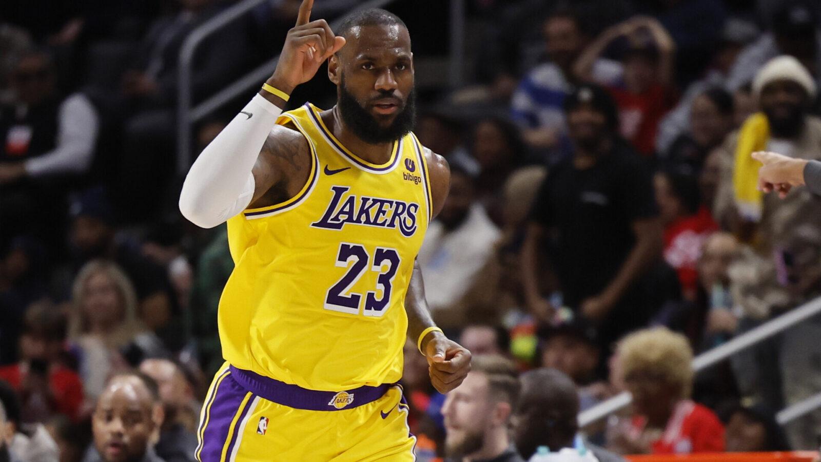 Nov 29, 2023; Detroit, Michigan, USA; Los Angeles Lakers forward LeBron James (23) celebrates in the second half against the Detroit Pistons at Little Caesars Arena.