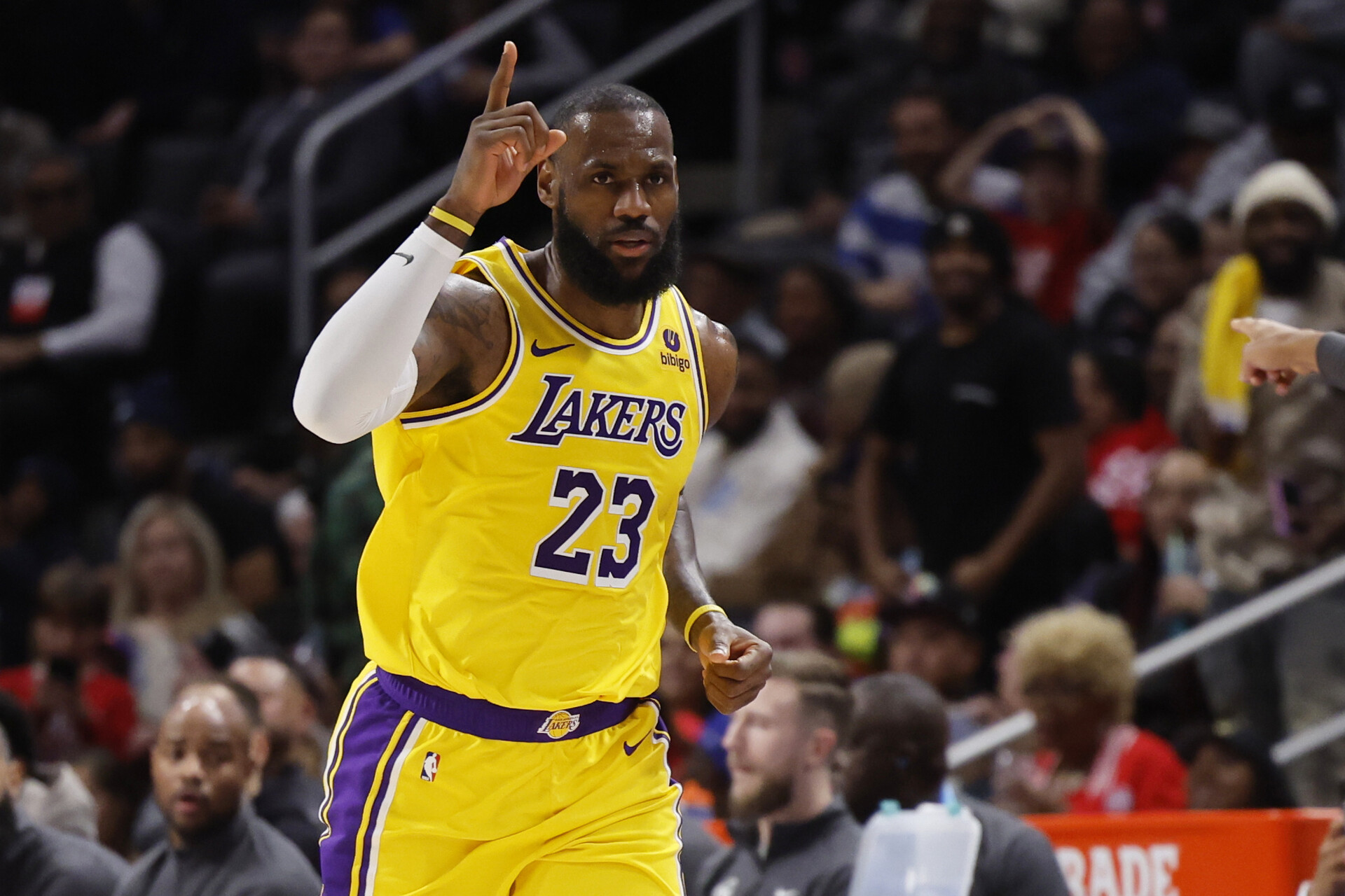 Nov 29, 2023; Detroit, Michigan, USA; Los Angeles Lakers forward LeBron James (23) celebrates in the second half against the Detroit Pistons at Little Caesars Arena.