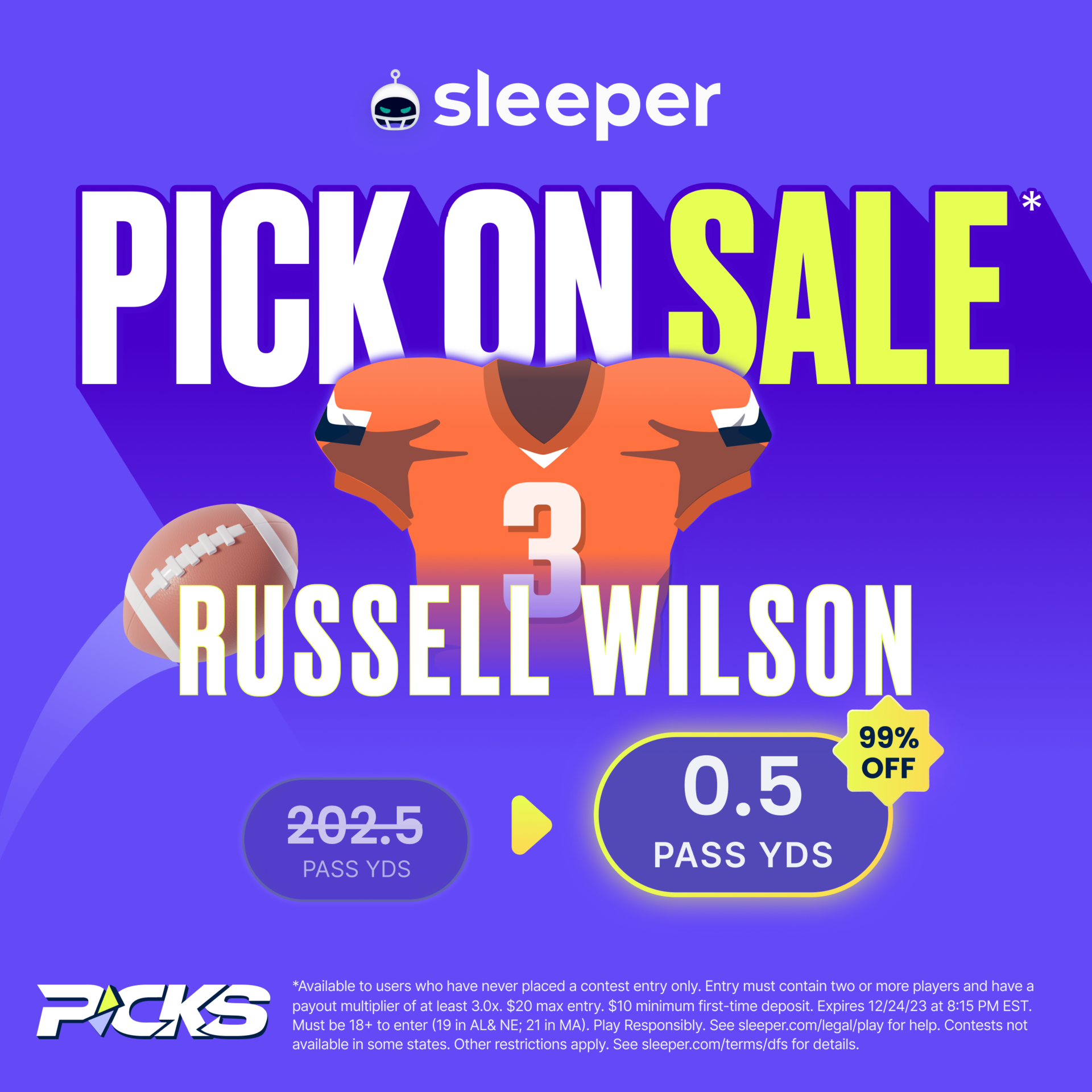 NFL player prop promotion on Sleeper app week 16 is Russell Wilson over 0.5 pass yards. 
