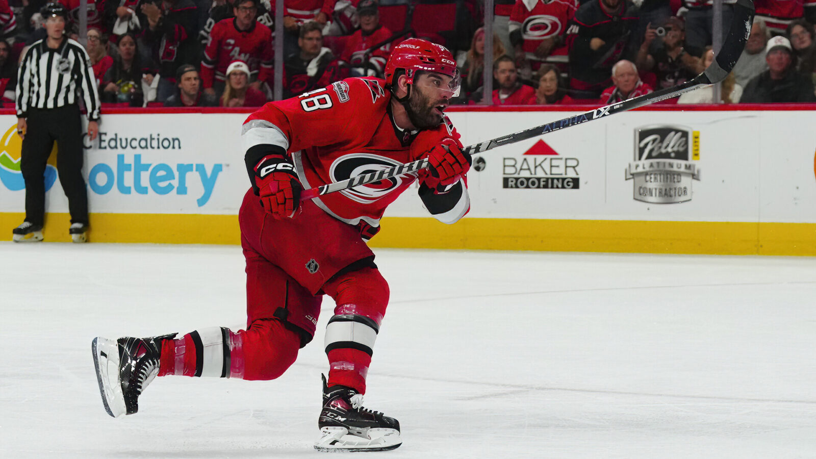 May 5, 2023; Raleigh, North Carolina, USA; Carolina Hurricanes left wing Jordan Martinook (48) scores a goal against the New Jersey Devils during the third period in game two of the second round of the 2023 Stanley Cup Playoffs at PNC Arena.