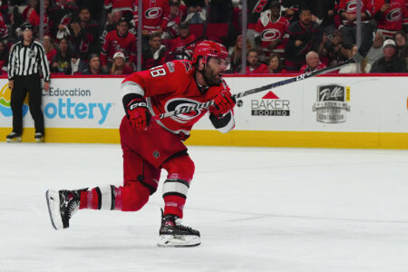 May 5, 2023; Raleigh, North Carolina, USA; Carolina Hurricanes left wing Jordan Martinook (48) scores a goal against the New Jersey Devils during the third period in game two of the second round of the 2023 Stanley Cup Playoffs at PNC Arena.