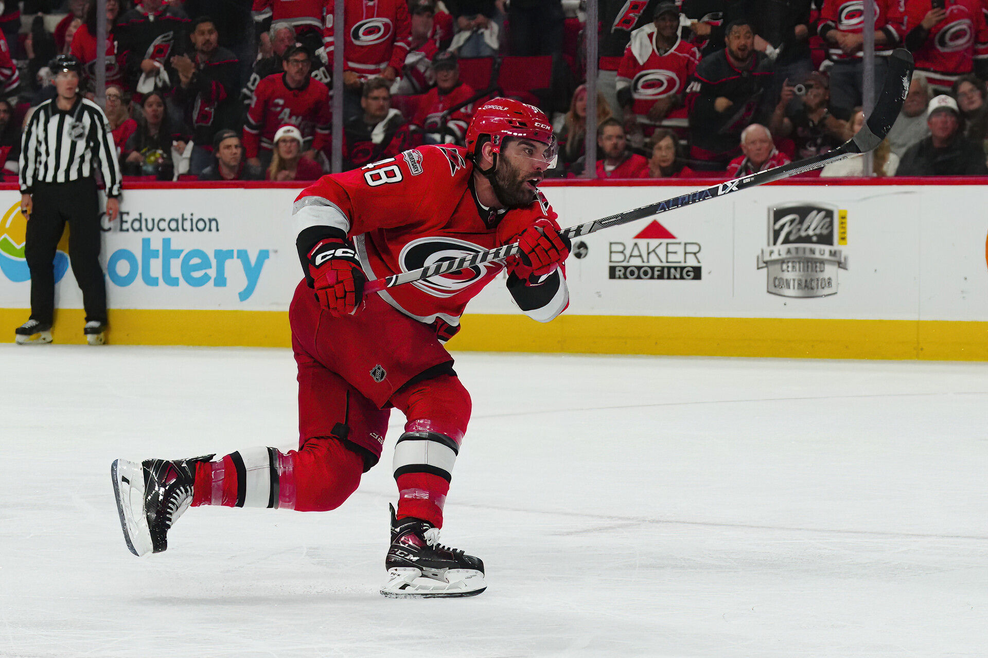 May 5, 2023; Raleigh, North Carolina, USA; Carolina Hurricanes left wing Jordan Martinook (48) scores a goal against the New Jersey Devils during the third period in game two of the second round of the 2023 Stanley Cup Playoffs at PNC Arena.