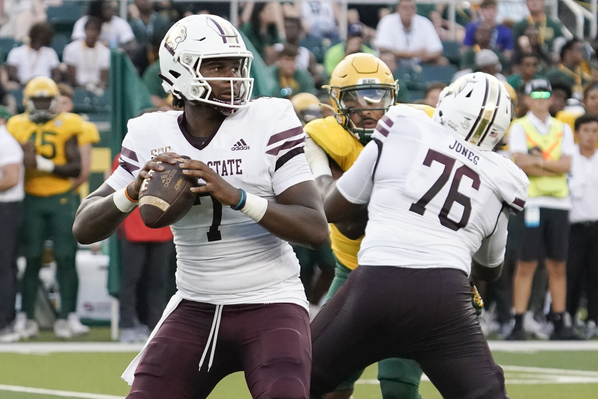 Sep 2, 2023; Waco, Texas, USA; Texas State Bobcats quarterback TJ Finley (7) stands on the pocket against the Baylor Bears during the first half at McLane Stadium.