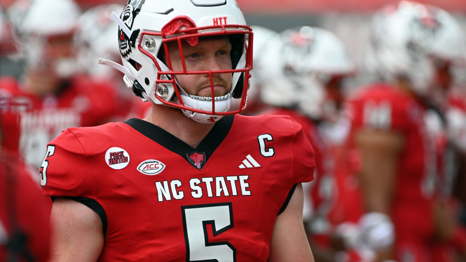 North Carolina State Wolfpack quarterback Brennan Armstrong (5) warms up prior to a game against the Notre Dame Fighting Irish at Carter-Finley Stadium.