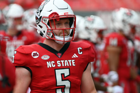 North Carolina State Wolfpack quarterback Brennan Armstrong (5) warms up prior to a game against the Notre Dame Fighting Irish at Carter-Finley Stadium.