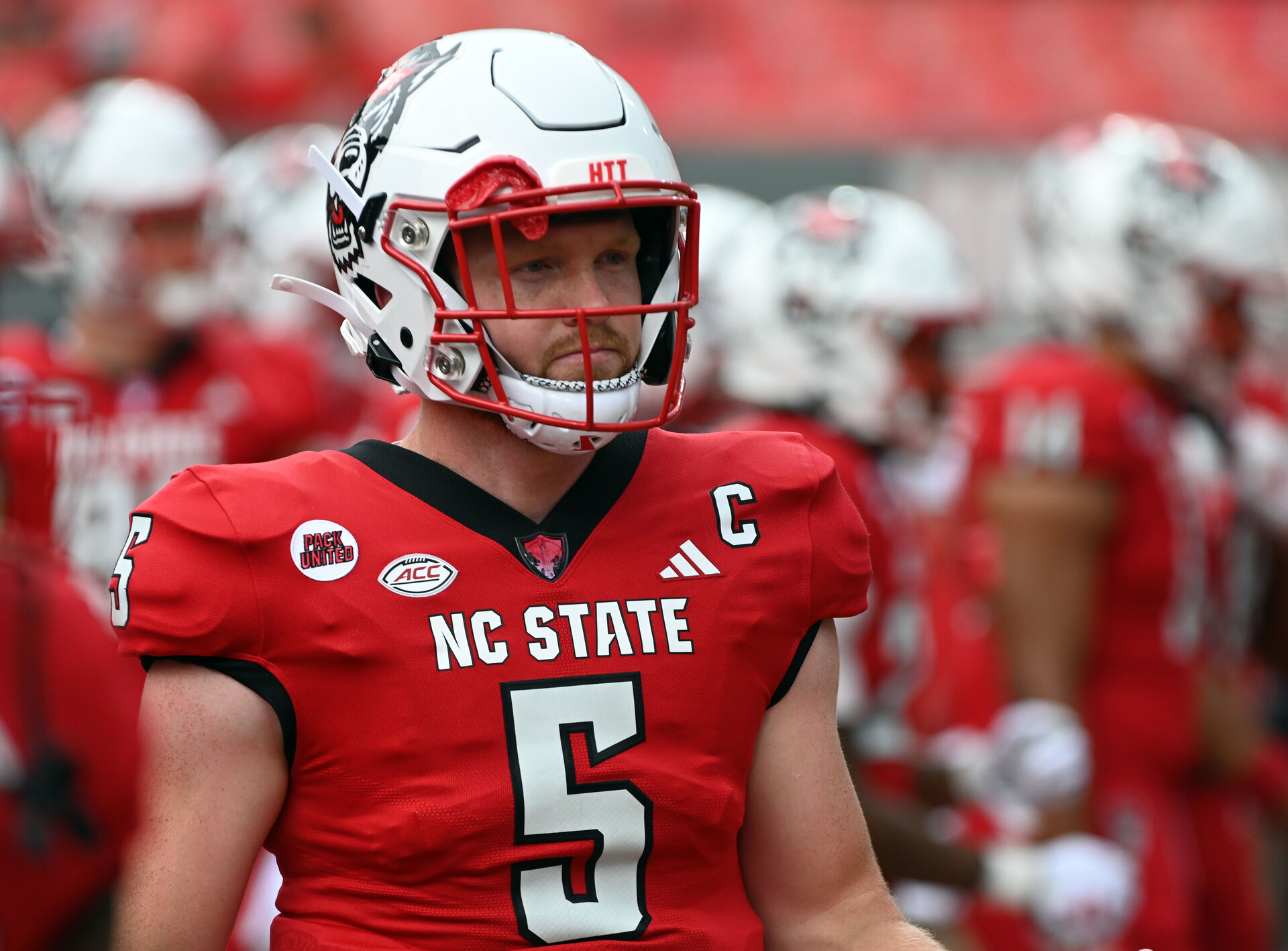 North Carolina State Wolfpack quarterback Brennan Armstrong (5) warms up prior to a game against the Notre Dame Fighting Irish at Carter-Finley Stadium.