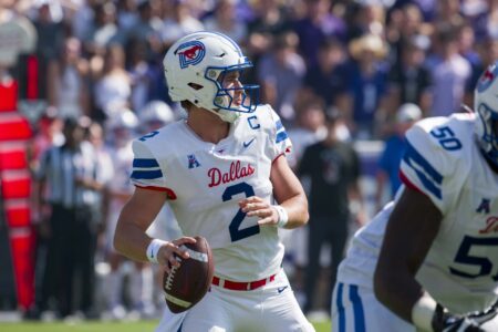 Sep 23, 2023; Fort Worth, Texas, USA; SMU Mustangs quarterback Preston Stone (2) drops back to pass against the TCU Horned Frogs during the first half at Amon G. Carter Stadium.