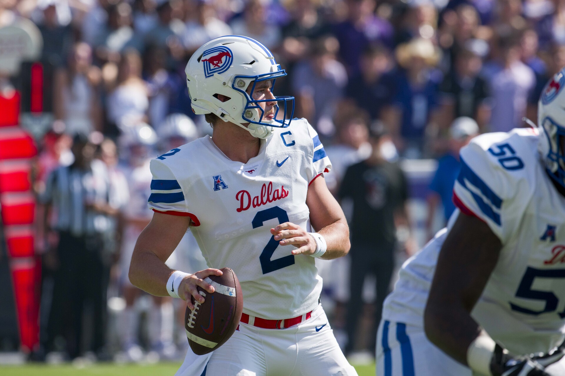 Sep 23, 2023; Fort Worth, Texas, USA; SMU Mustangs quarterback Preston Stone (2) drops back to pass against the TCU Horned Frogs during the first half at Amon G. Carter Stadium.