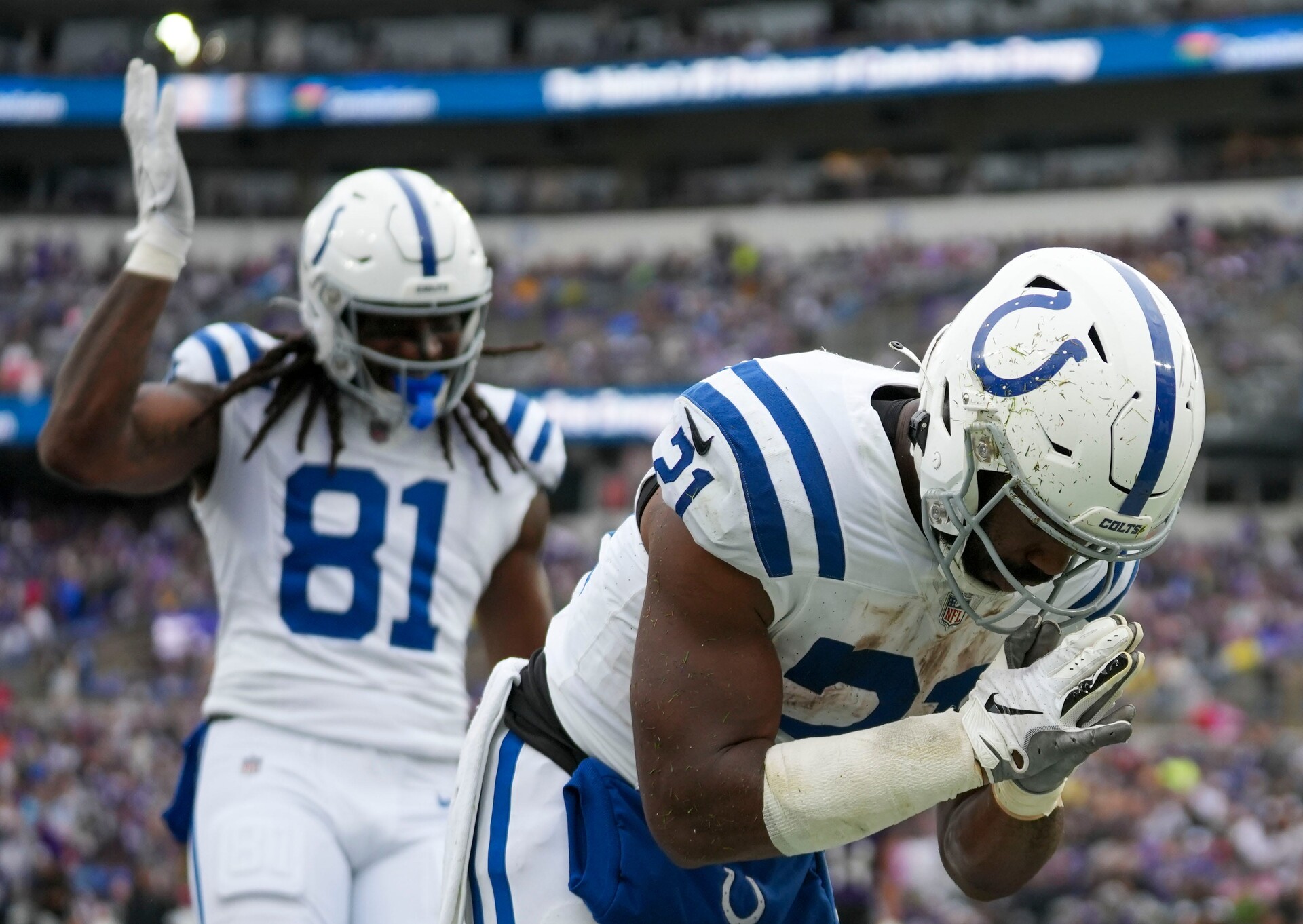 Indianapolis Colts running back Zack Moss (21) takes a bow after scoring a second quarter touchdown on Sunday, Sept. 24, 2023, at M&T Bank Stadium in Baltimore.