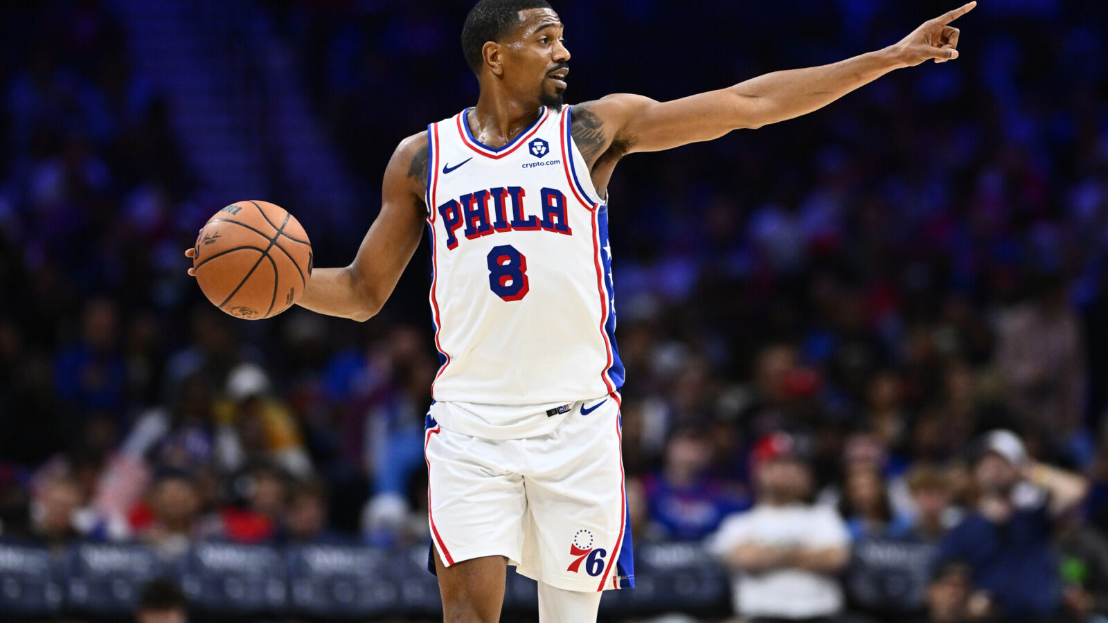 Oct 11, 2023; Philadelphia, Pennsylvania, USA; Philadelphia 76ers guard De'Anthony Melton (8) dribbles the ball against the Boston Celtics in the third quarter at Wells Fargo Center.