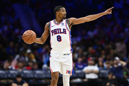 Oct 11, 2023; Philadelphia, Pennsylvania, USA; Philadelphia 76ers guard De'Anthony Melton (8) dribbles the ball against the Boston Celtics in the third quarter at Wells Fargo Center.