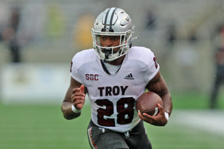 Troy Trojans running back Kimani Vidal (28) runs with the ball against the Army Black Knights during the first half at Michie Stadium.