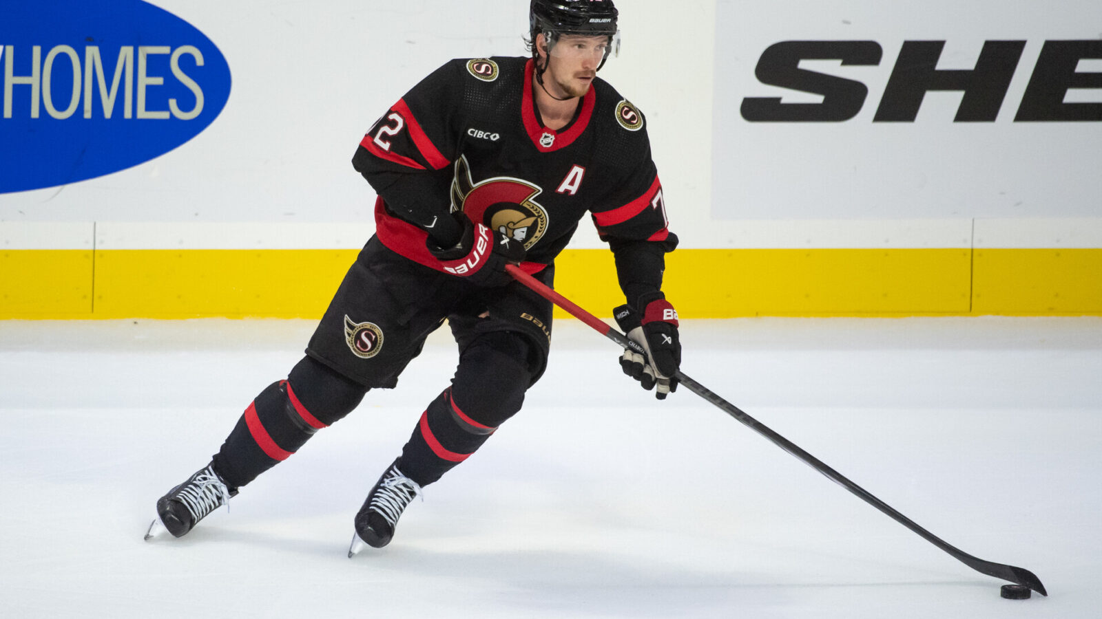 Oct 21, 2023; Ottawa, Ontario, CAN; Ottawa Senators defenseman Thomas Chabot (72) skates with the puck in the third period against the Detroit Red Wings at the Canadian Tire Centre