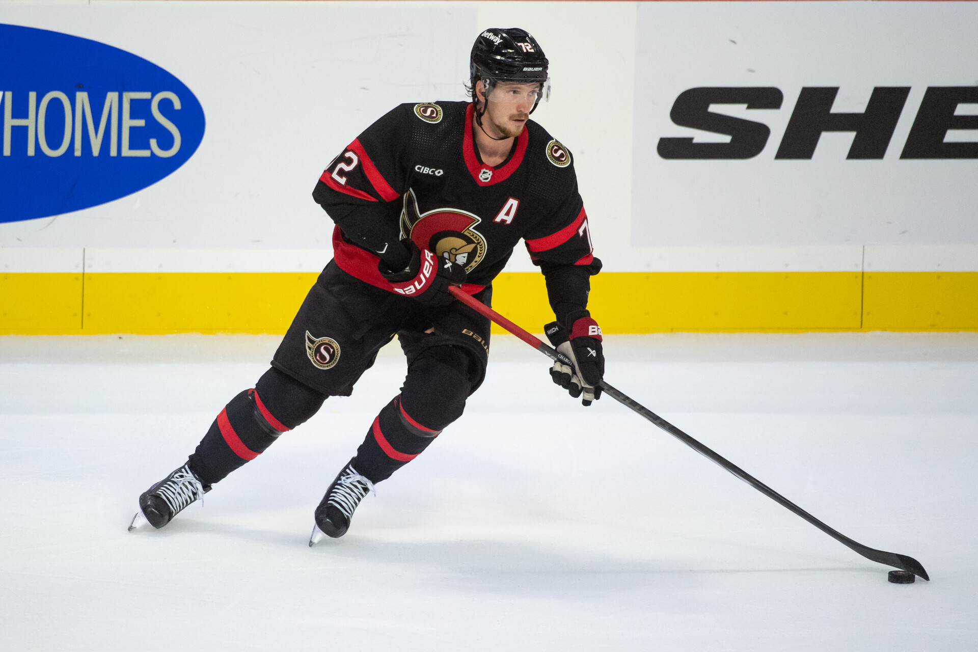 Oct 21, 2023; Ottawa, Ontario, CAN; Ottawa Senators defenseman Thomas Chabot (72) skates with the puck in the third period against the Detroit Red Wings at the Canadian Tire Centre