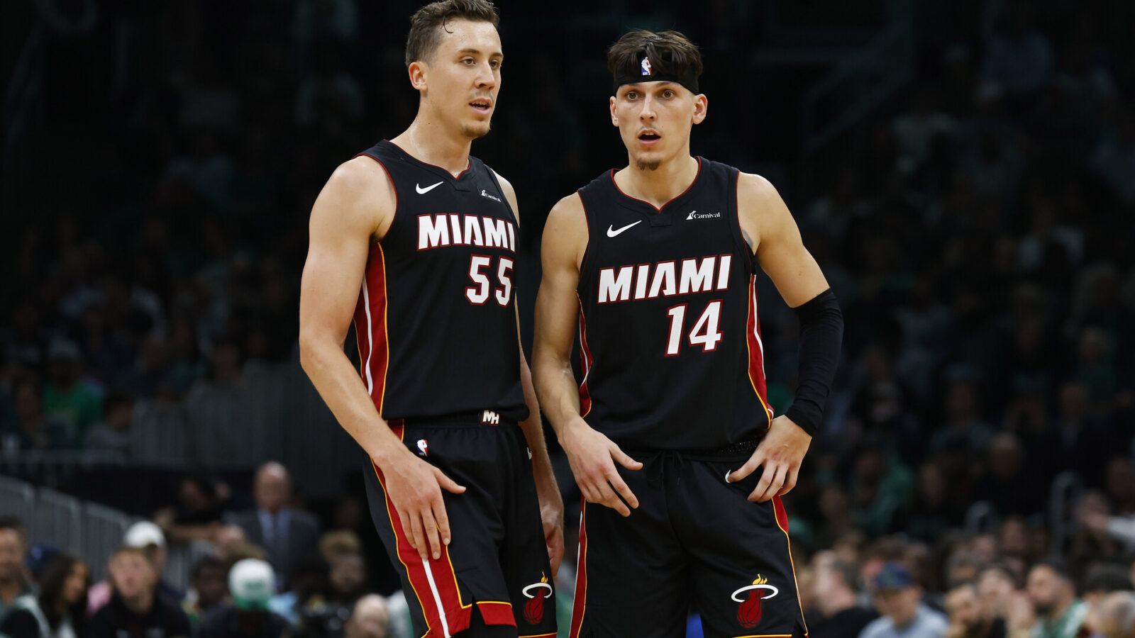 Oct 27, 2023; Boston, Massachusetts, USA; Miami Heat forward Duncan Robinson (55) and guard Tyler Herro (14) during the second half against the Boston Celtics at TD Garden.