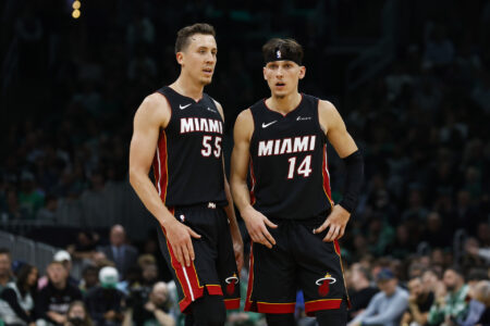 Oct 27, 2023; Boston, Massachusetts, USA; Miami Heat forward Duncan Robinson (55) and guard Tyler Herro (14) during the second half against the Boston Celtics at TD Garden.