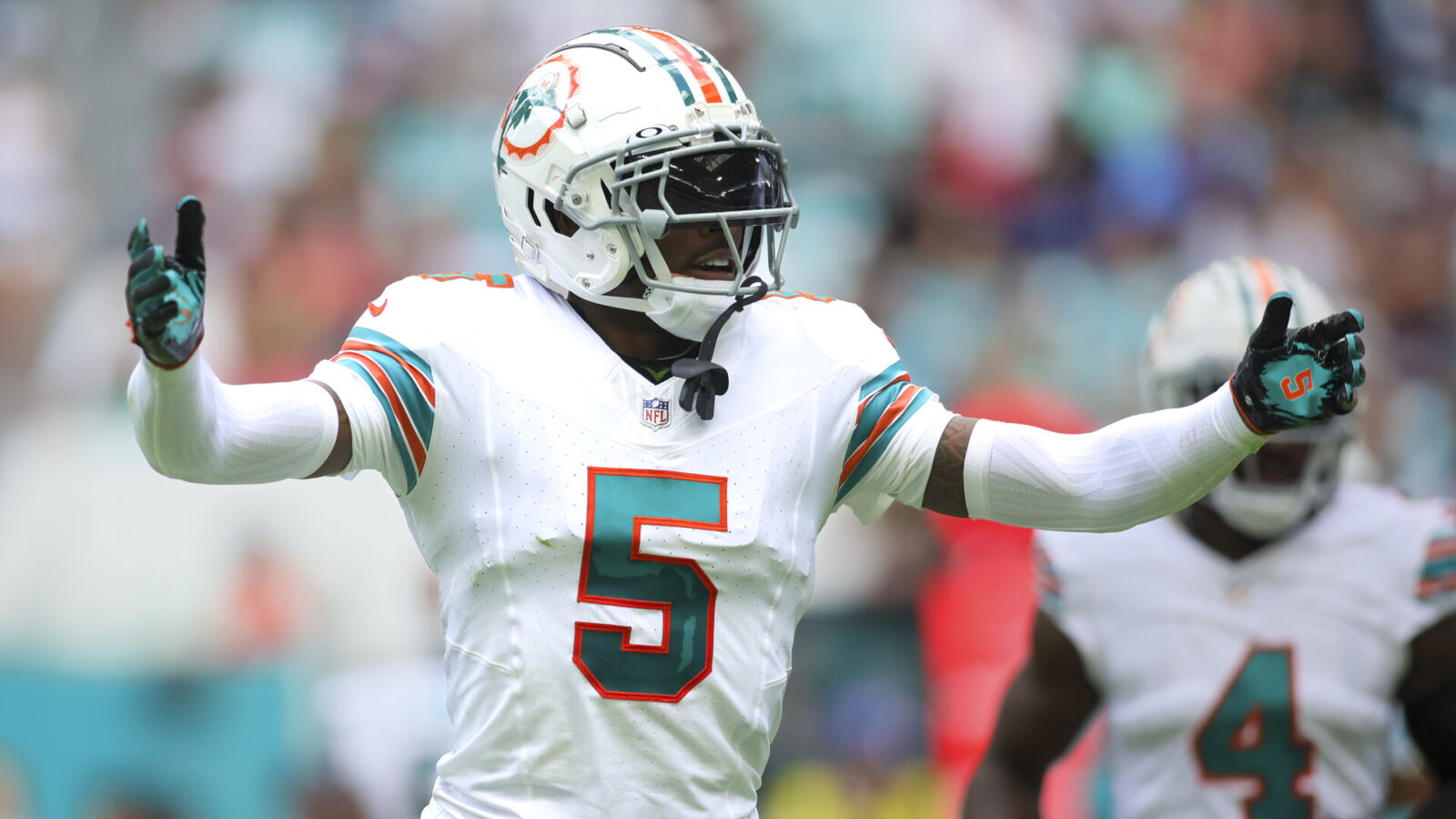 Miami Dolphins cornerback Jalen Ramsey (5) reacts against the New England Patriots during the second quarter at Hard Rock Stadium.