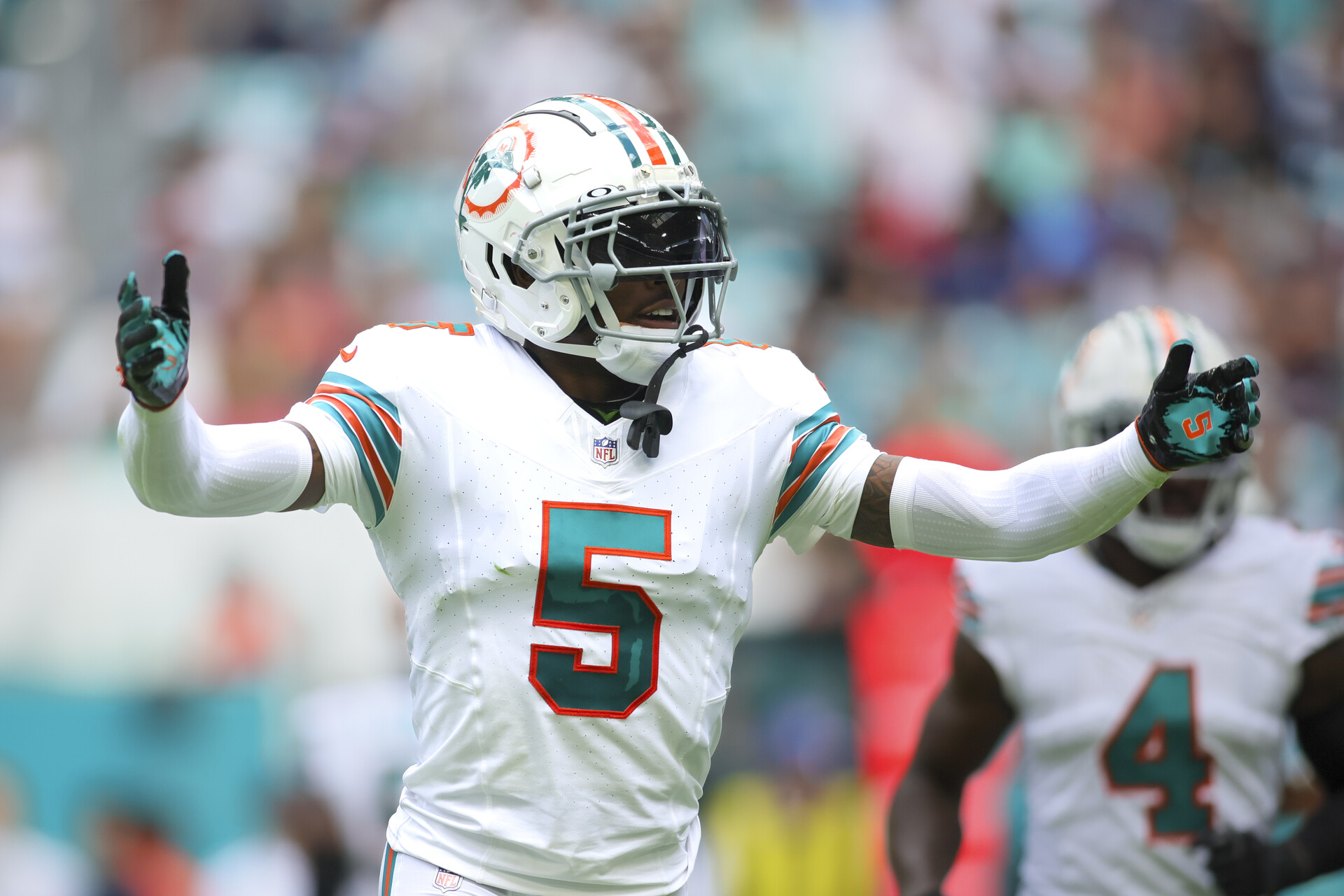 Miami Dolphins cornerback Jalen Ramsey (5) reacts against the New England Patriots during the second quarter at Hard Rock Stadium.