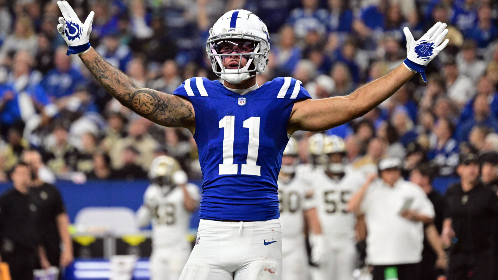 Oct 29, 2023; Indianapolis, Indiana, USA; Indianapolis Colts wide receiver Michael Pittman Jr. (11) celebrates during the first half of the game against the New Orleans Saints at Lucas Oil Stadium.