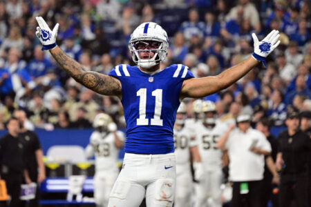 Oct 29, 2023; Indianapolis, Indiana, USA; Indianapolis Colts wide receiver Michael Pittman Jr. (11) celebrates during the first half of the game against the New Orleans Saints at Lucas Oil Stadium.