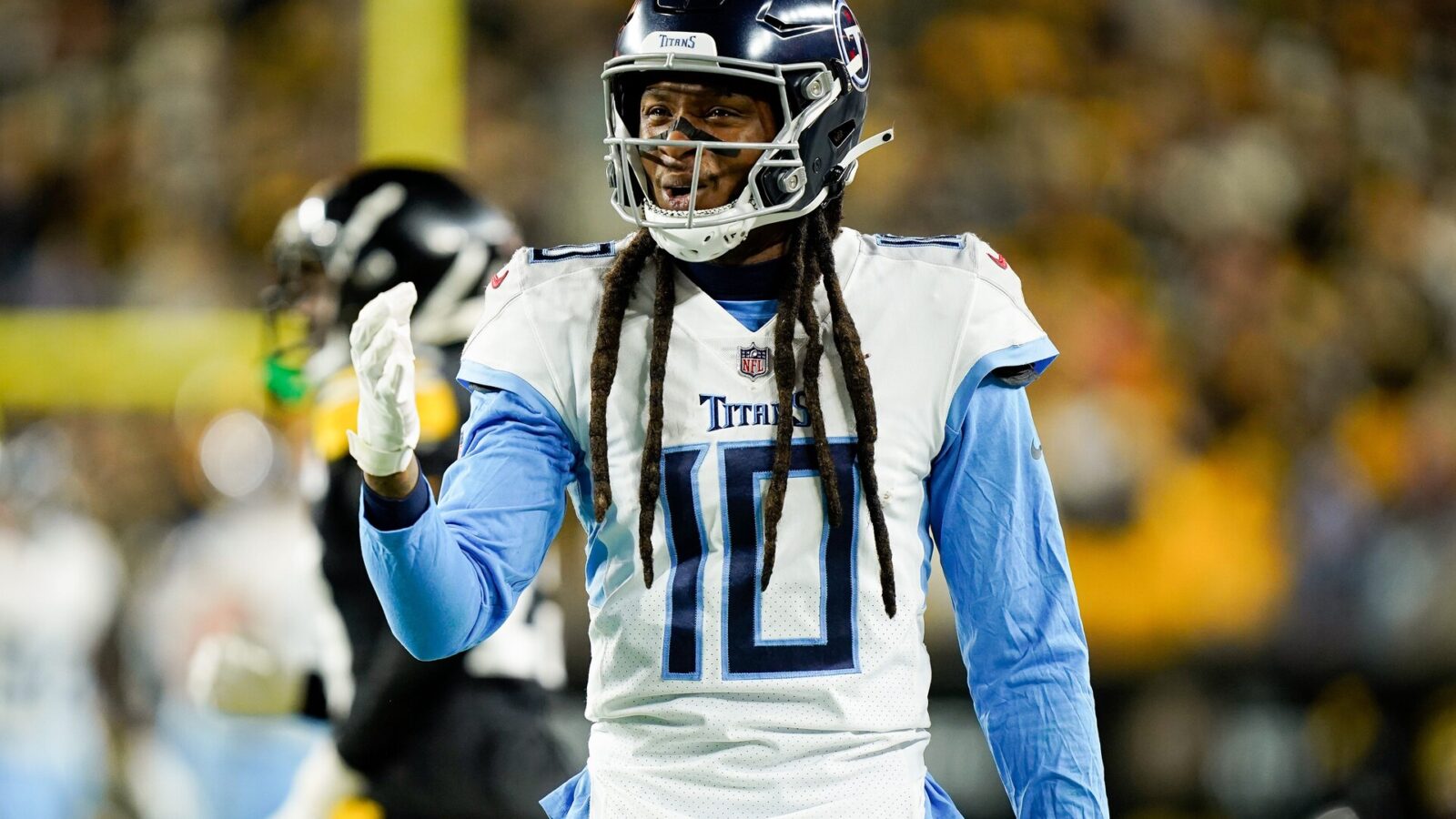 Tennessee Titans wide receiver DeAndre Hopkins (10) reacts to a call during the first quarter against the Pittsburgh Steelers in Pittsburgh, Pa., Thursday, Nov. 2, 2023.