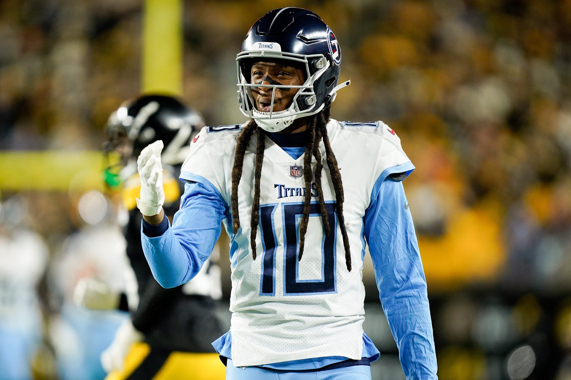 Tennessee Titans wide receiver DeAndre Hopkins (10) reacts to a call during the first quarter against the Pittsburgh Steelers in Pittsburgh, Pa., Thursday, Nov. 2, 2023.