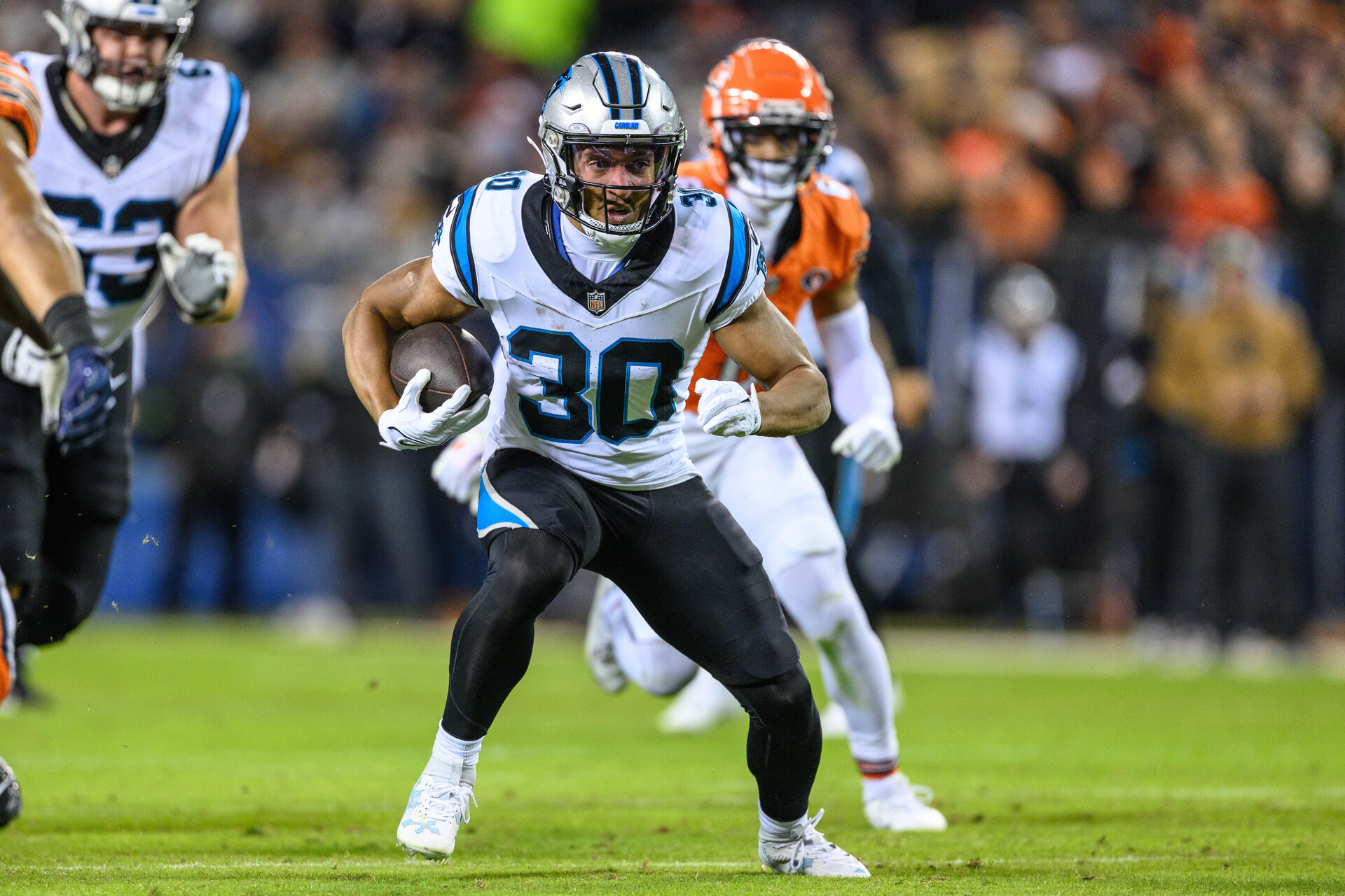 Nov 9, 2023; Chicago, Illinois, USA; Carolina Panthers running back Chuba Hubbard (30) runs the ball against the Chicago Bears during the first quarter at Soldier Field.