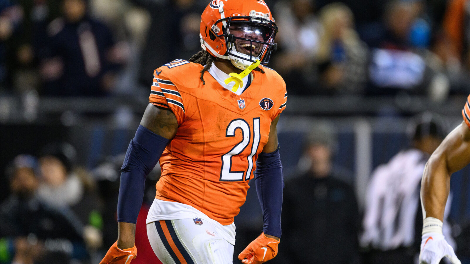 Nov 9, 2023; Chicago, Illinois, USA; Chicago Bears running back D'Onta Foreman (21) celebrates his rushing touchdown against the Carolina Panthers during the third quarter at Soldier Field.