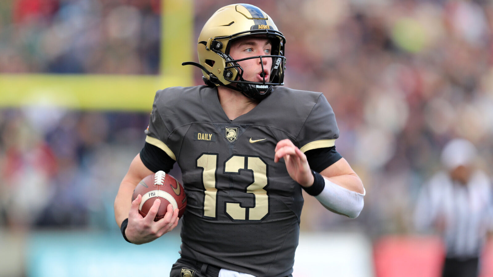 Nov 11, 2023; West Point, New York, USA; Army Black Knights quarterback Bryson Daily (13) carries the ball during the first half against the Holy Cross Crusaders at Michie Stadium.