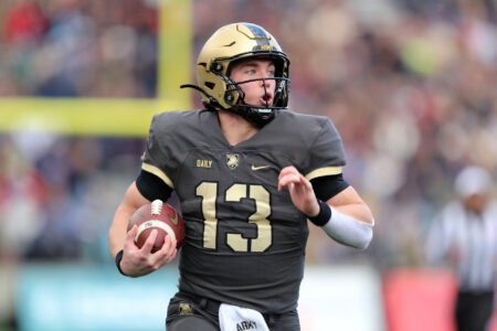 Nov 11, 2023; West Point, New York, USA; Army Black Knights quarterback Bryson Daily (13) carries the ball during the first half against the Holy Cross Crusaders at Michie Stadium.