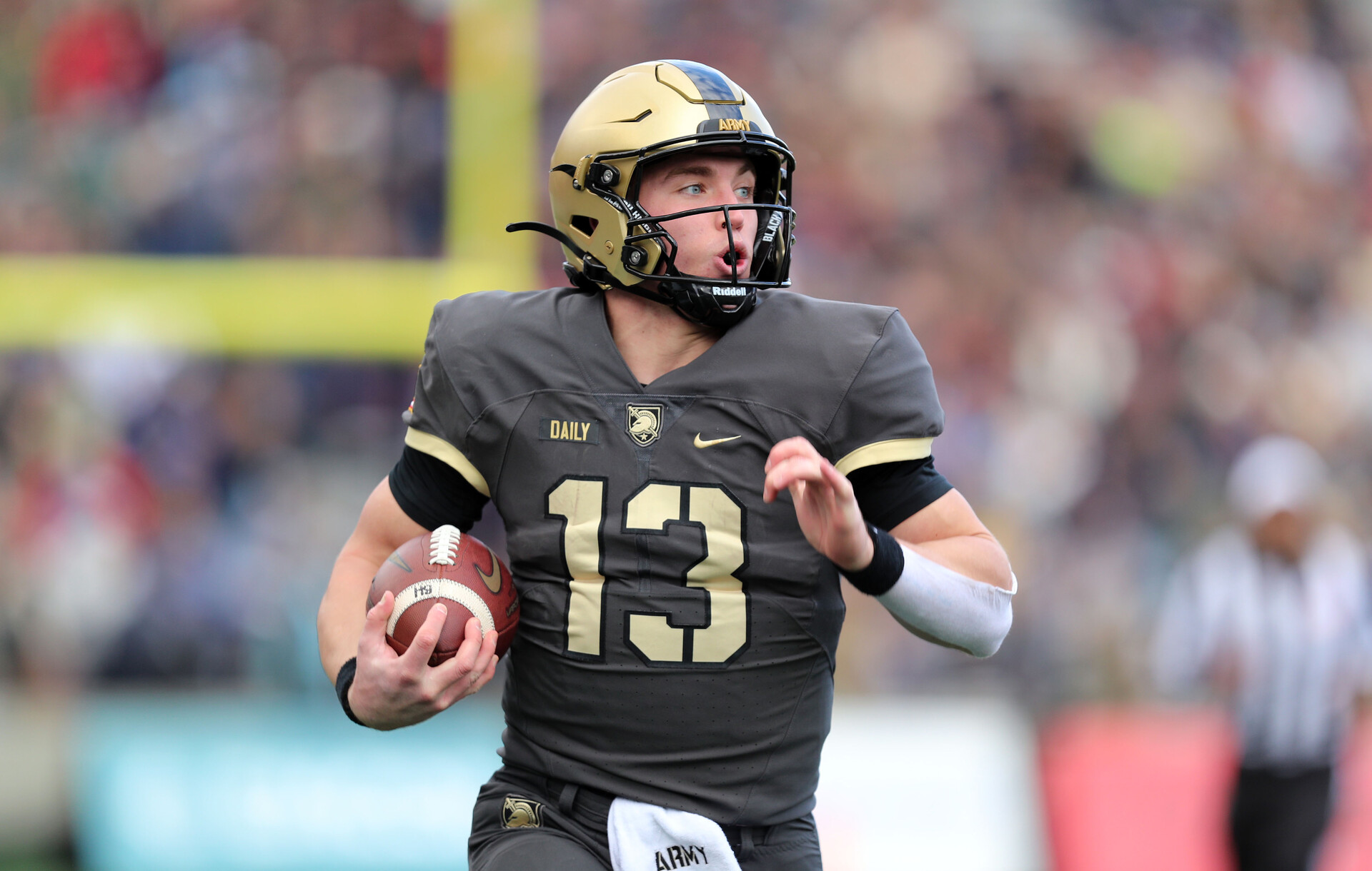 Nov 11, 2023; West Point, New York, USA; Army Black Knights quarterback Bryson Daily (13) carries the ball during the first half against the Holy Cross Crusaders at Michie Stadium.