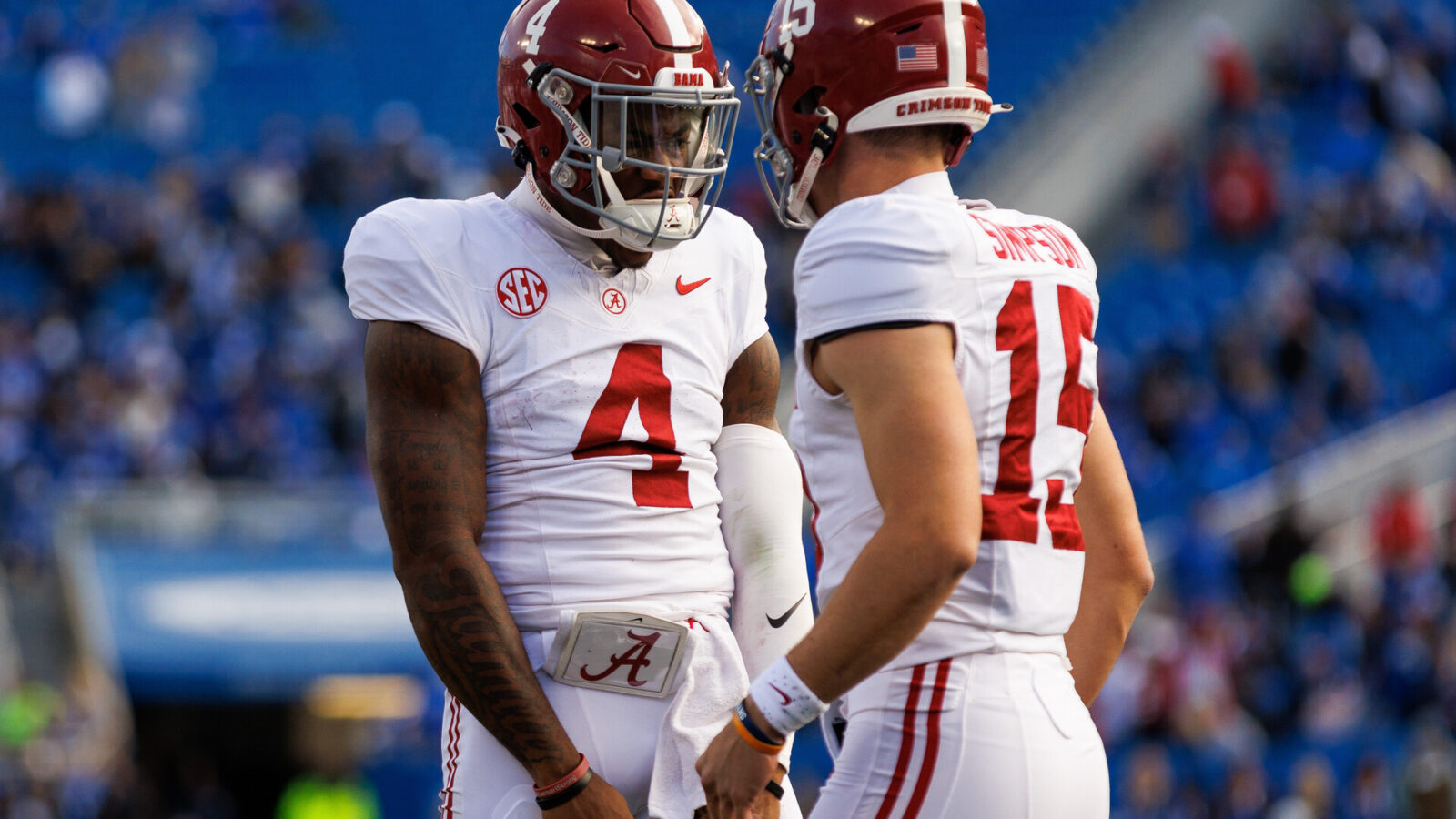 Nov 11, 2023; Lexington, Kentucky, USA; Alabama Crimson Tide quarterback Jalen Milroe (4) celebrates with quarterback Ty Simpson (15) during the fourth quarter against the Kentucky Wildcats at Kroger Field.