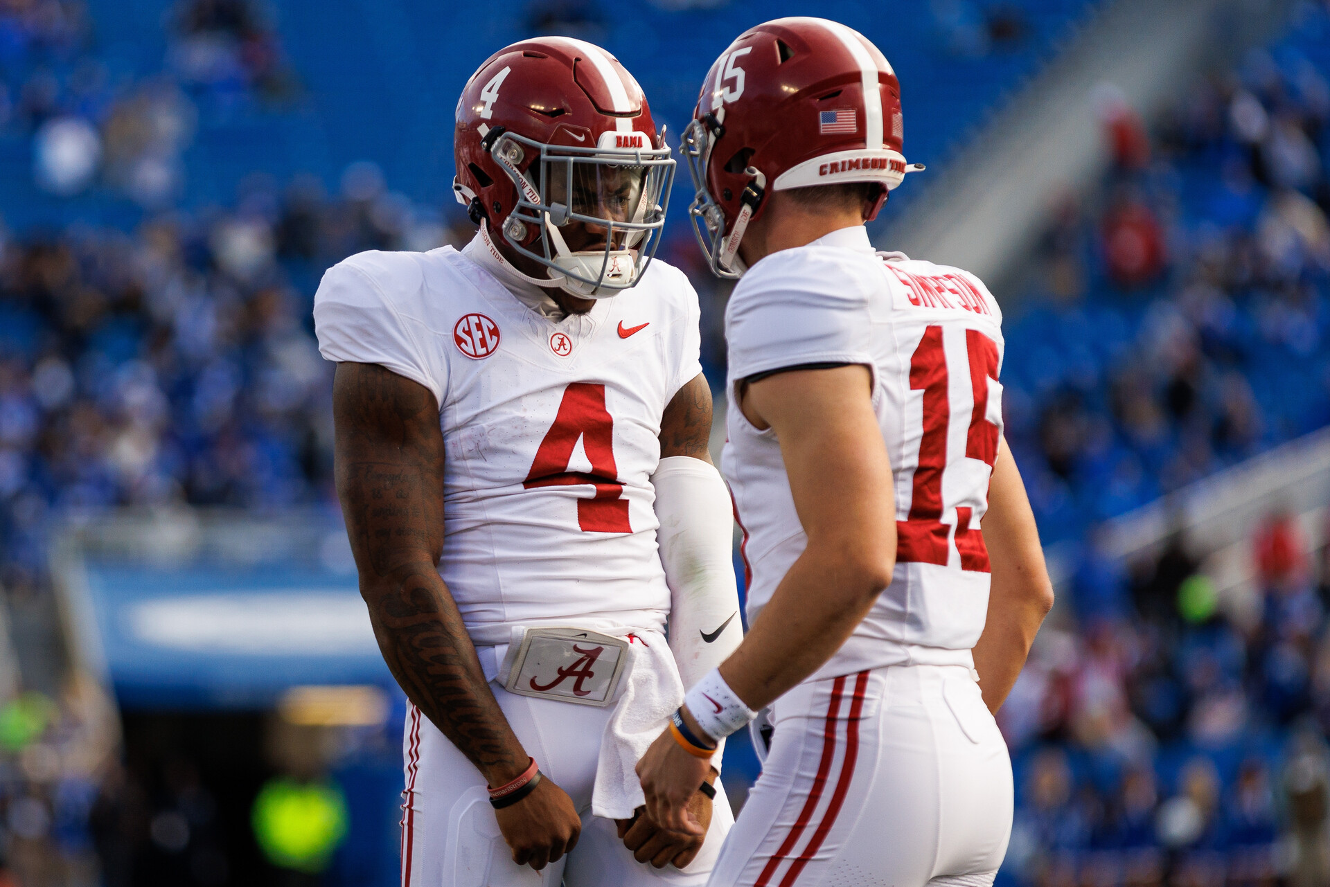 Nov 11, 2023; Lexington, Kentucky, USA; Alabama Crimson Tide quarterback Jalen Milroe (4) celebrates with quarterback Ty Simpson (15) during the fourth quarter against the Kentucky Wildcats at Kroger Field.